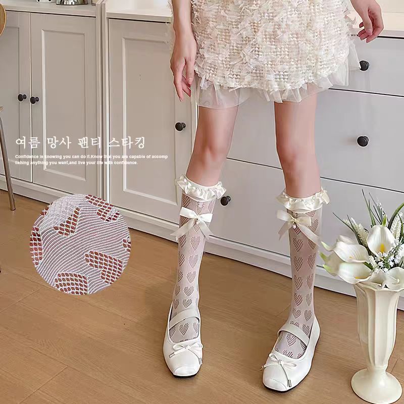 花边袜子女夏天薄款洛丽塔长筒袜爱心镂空蝴蝶结珍珠甜美日系小腿