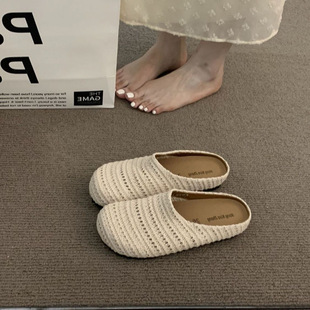 French Niche Hand-Woven Hollow Breathable Toe-Cap Half Slippers for Women Summer Outer Wear Roman Style Thick-Soled Mule Shoes for Women