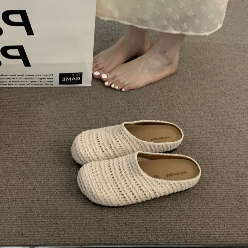 Французские нишевые полутапочки ручной работы с полым дышащим носком для женщин, летняя верхняя одежда, женские туфли-мулы на толстой подошве в римском стиле