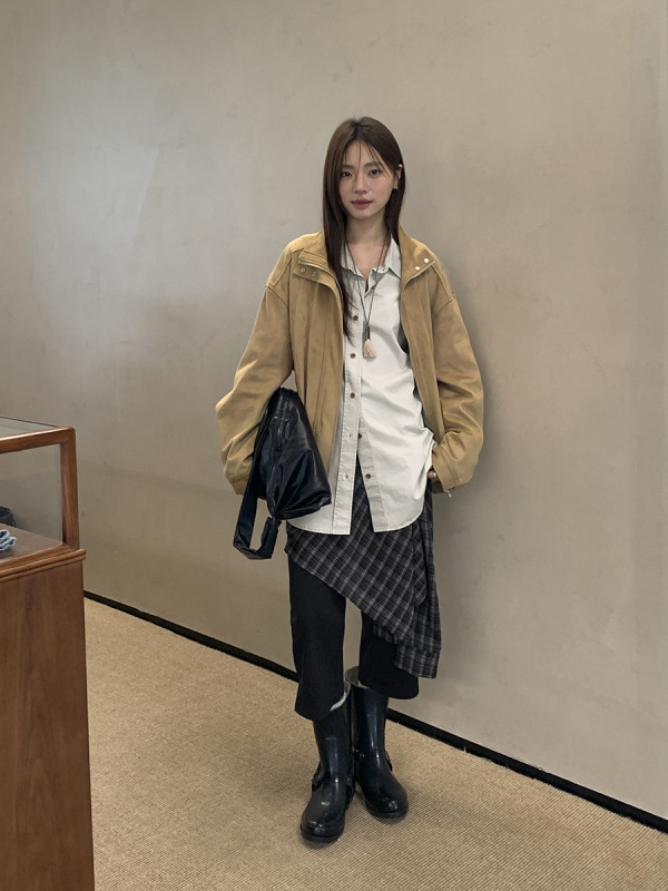 广州十三行2025秋翻领麂皮复古皮夹克休闲百搭设计感皮衣女02809|undefined