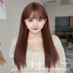 Cross-Border Hot-Selling Wig for Women with Long Hair, Full Head Wig, Natural Realistic Long Straight Hair, Air Bangs, Pink Brown Wig