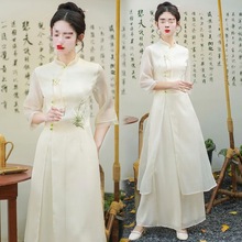 创新中式夏季禅意套装茶艺女装改良连衣裙汉服年轻茶服日常薄荷杏