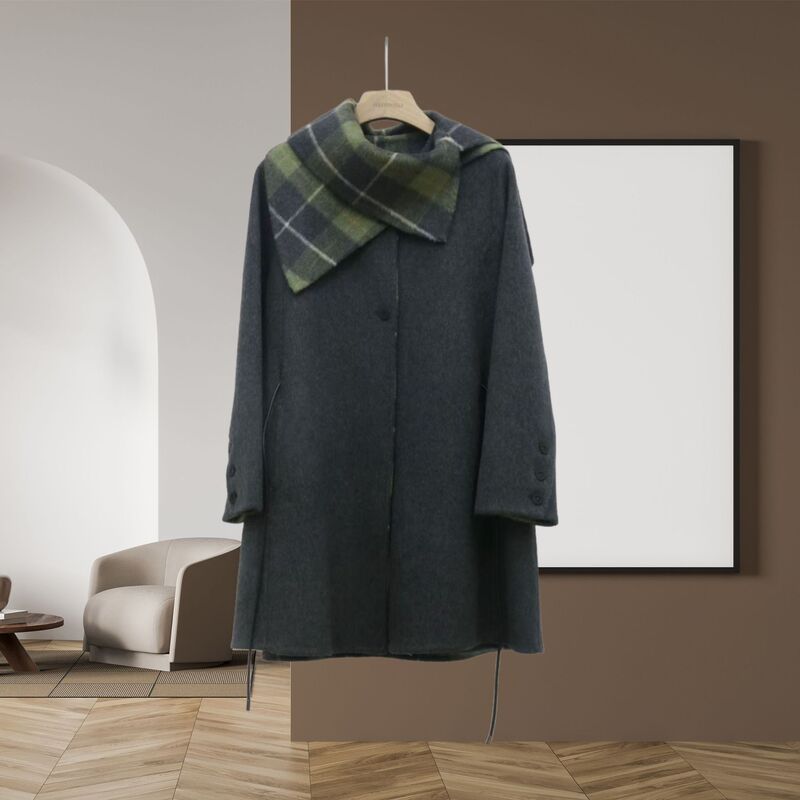 025 New Double-Sided Woolen Outwear for Women with Detachable Plaid Collar Mid-Length Lace-Up Right Shoulder A-Line Waist Woolen Outwear