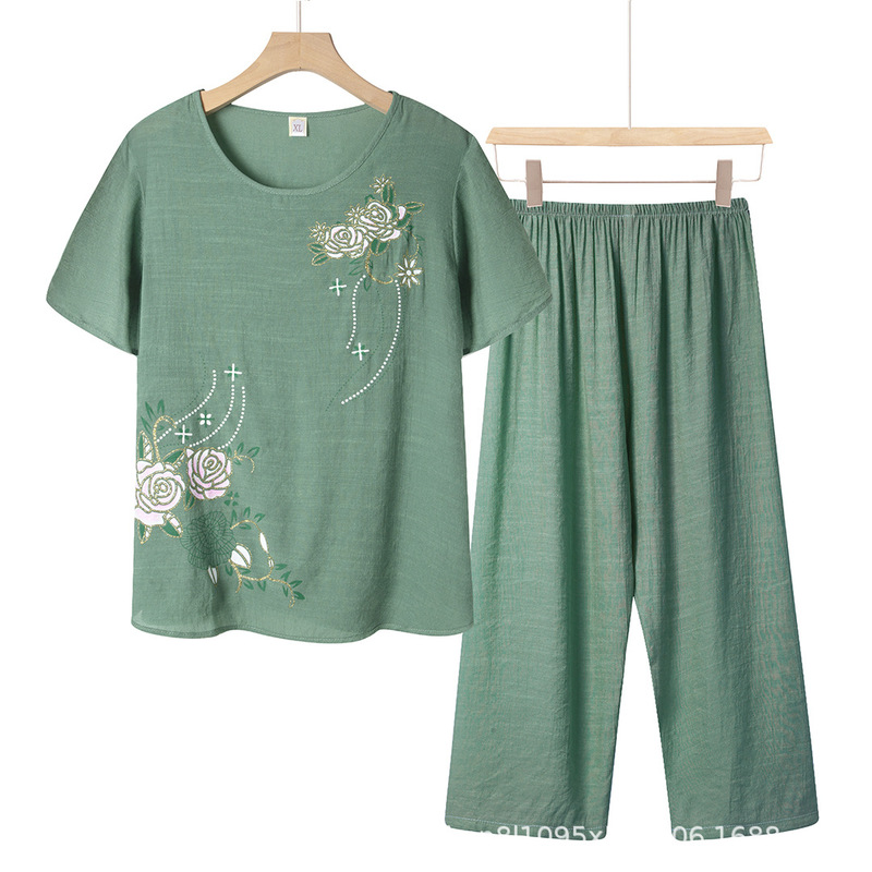 Middle-Aged and Elderly Mother's Pajamas Women's Summer Cotton and Linen Short-Sleeved Two-Piece Set Summer Breathable Tops and Pants Outer Wear Home Clothes