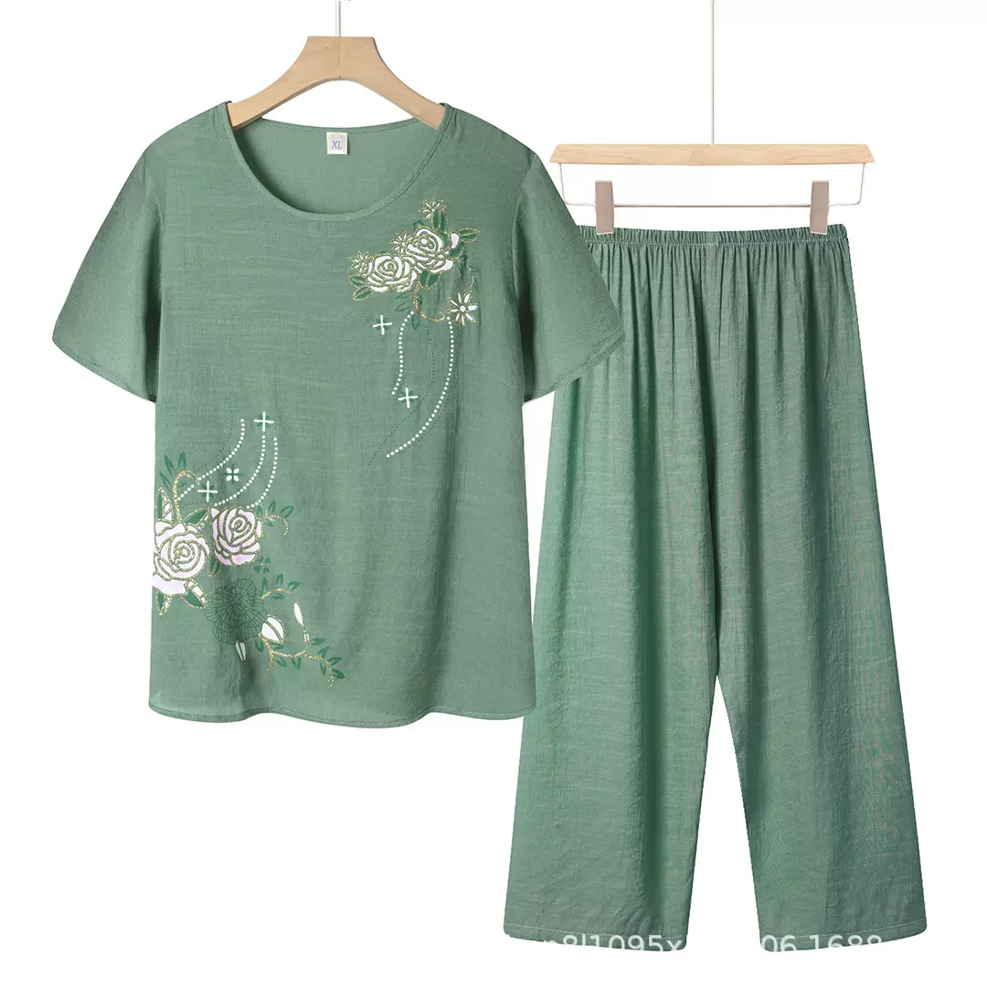 中老年妈妈睡衣女夏季棉麻短袖两件套夏天透气上衣裤子外穿家居服