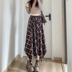 韩版不规则格纹半身裙女2025秋季复古格子松紧腰显瘦中长款a字裙