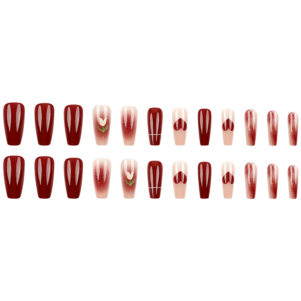Arte de uñas con purpurina en forma de corazón de tulipán color rojo vino, puntas de uñas dulces con degradado rosa nude, pegatinas de uñas de 24 piezas.