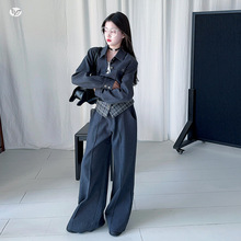 女童2025秋季新款休闲格子拼接小西服套装大童春秋阔腿裤翻领外套