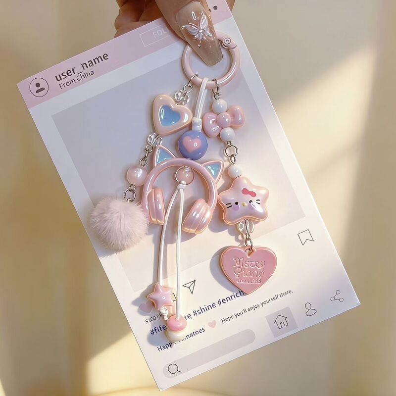 Original cartoon cat elf earphone bag pendant, sweet beaded keychain decoration, cute phone chain wholesale