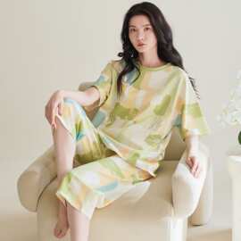 纯棉短袖七分裤女生睡衣套头休闲可外穿全棉短长家居服妈妈睡衣夏