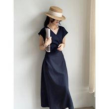 那末韩系天丝亚麻V领交叉绑带连衣裙女温柔气质收腰显瘦长裙5026