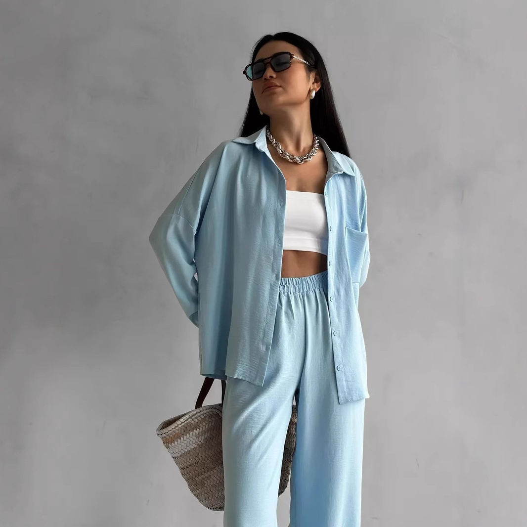 2026 Cross-Border European And American Women's Solid Color Cardigan Pocket Casual Wide-Leg Pants Set_ecoleips.com