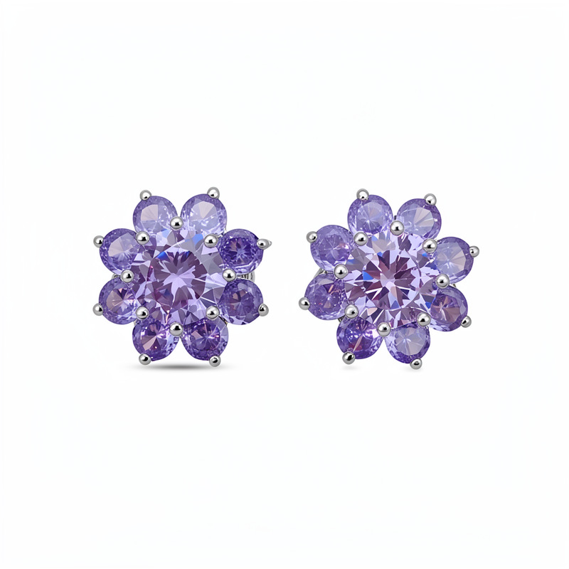 Zircon púrpura flores redondas orejas hueso clips mujeres sin agujeros de orejas temperamento delicado pendientes ligeros de lujo alta sensación auriculares al por mayor