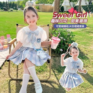 Girls' Preppy Style Suit Summer 2025 New Style Kidsren's Clothing Little Girl Shirt Jk Pleated Skirt Two-Piece Set