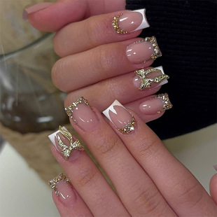 European and American Cross-Border Hot Selling Patch Manicure French Diamond Bow Wearable Nails Wholesale Fake Nails Finished Nails