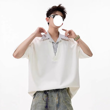 美式假两件拼接polo领短袖男女夏季宽松设计感衬衫百搭情侣半袖
