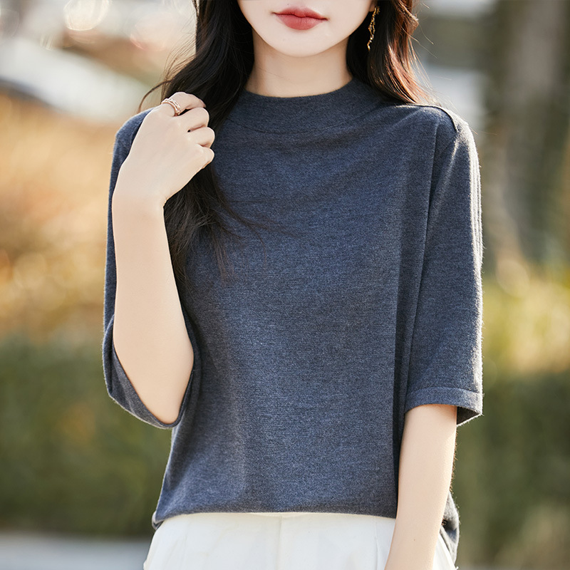 Gentle Style Half-High Collar Five-Quarter Sleeve Knit T-Shirt for Women 2026 New Model Mid-Sleeve Top Half-Sleeve Base Layer Thin Sweater