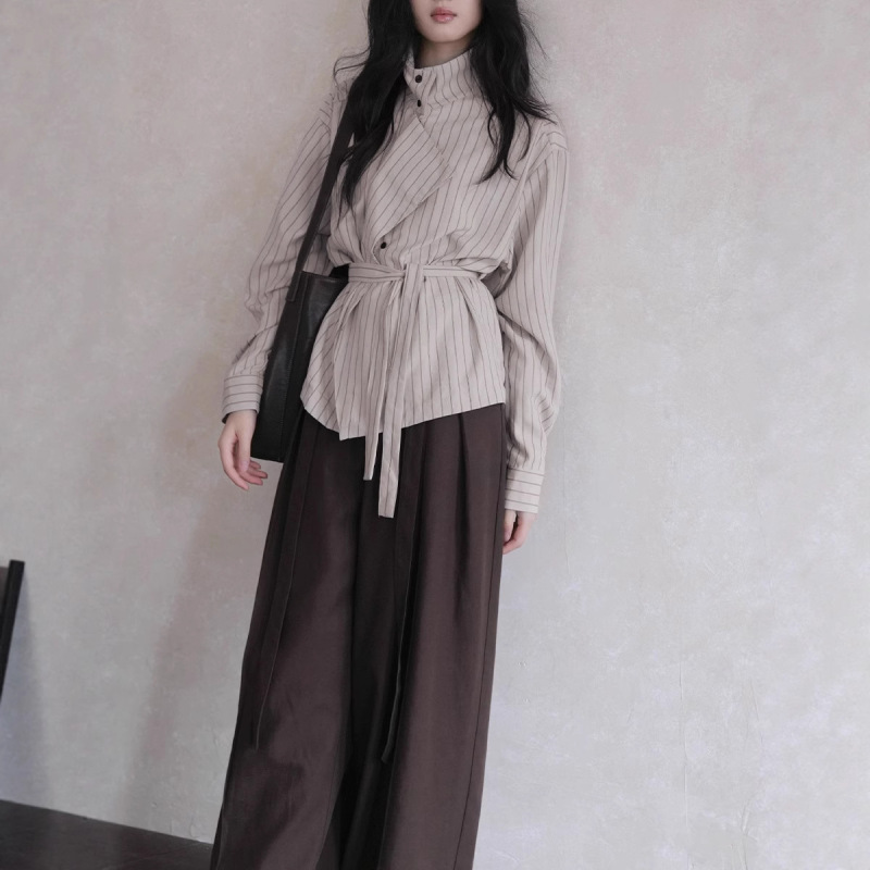 【景悦】通勤百搭宽松高智感条纹系带高领衬衫上衣女秋季|undefined