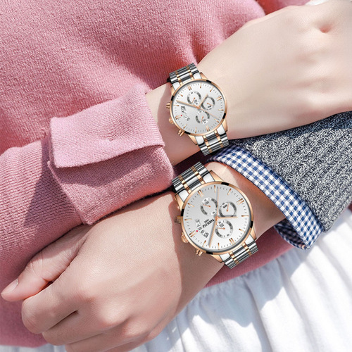 Classic and Fashion Couple's Watch nibosi2309, Three-Pointer 6-Needle Solid Steel Strap Quartz Watch with Night Light and Waterproof