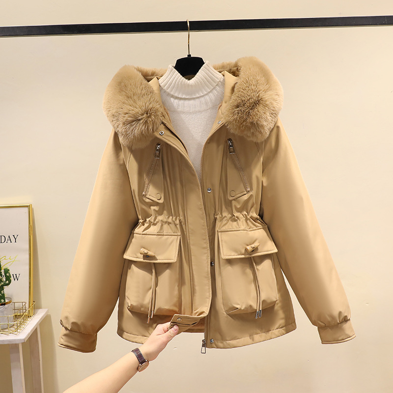 Paquete sobre mujeres 2025 capa de algodón de pluma gruesa con pelusa gruesa pequeña ropa de algodón de cuello grande abrigo corto de invierno