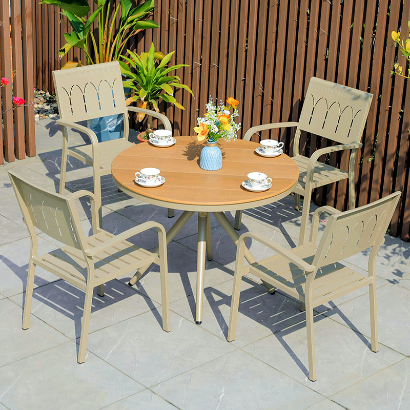 Mesas y sillas de patio al aire libre Sillas de parque de madera de plástico Balcón Jardín Mesas y sillas de comedor al aire libre Mesas y sillas de aleación de aluminio de madera de plástico al aire libre