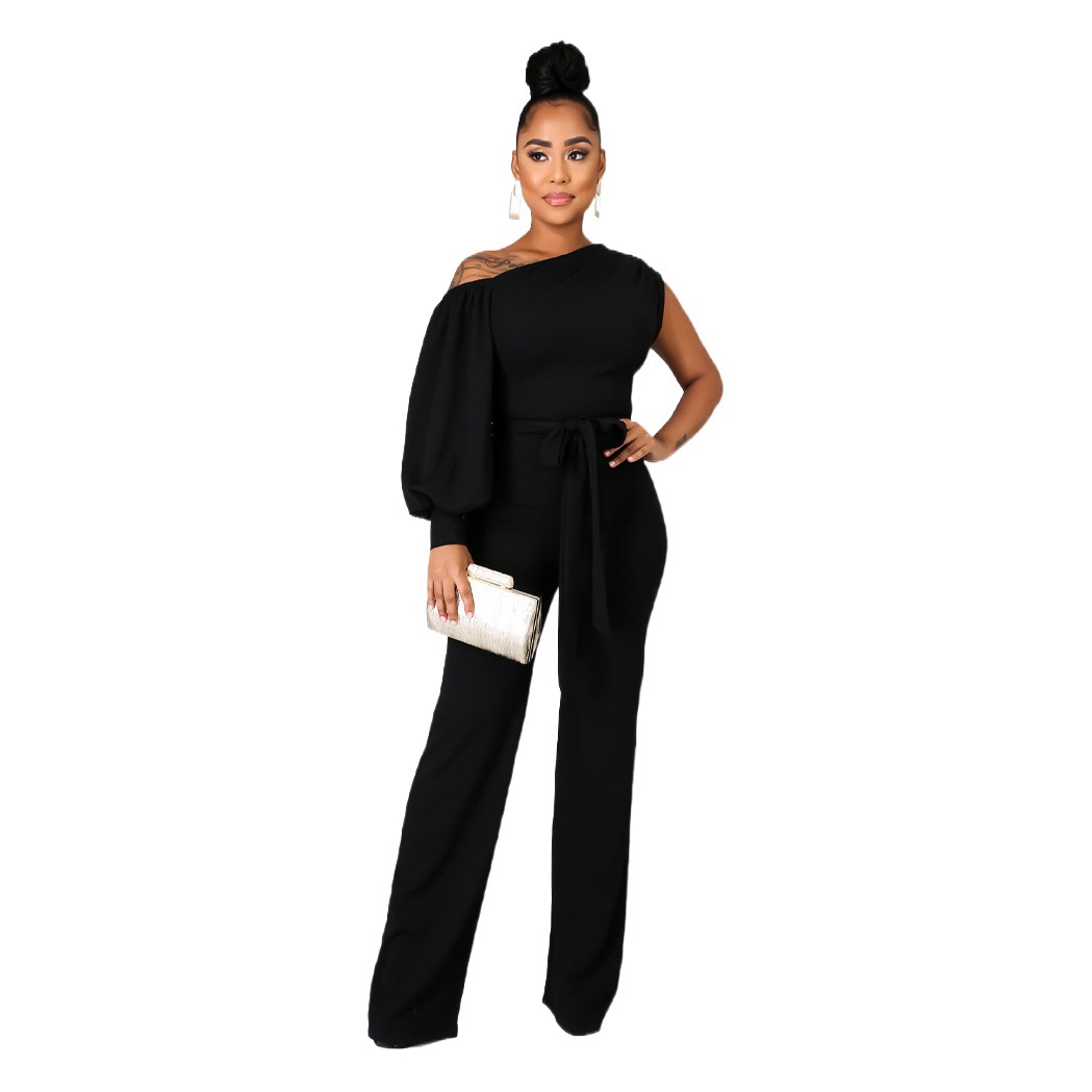 K10113 Amazon mono de mujer de moda europea y americana color sólido pantalones de mujer con un solo hombro pierna ancha pantalones de entrega de una pieza mujeres