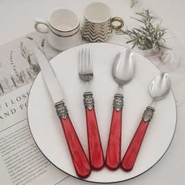新款法式亚克力手柄刀叉勺茶勺餐具套装 插柄刀叉勺套装304不锈钢