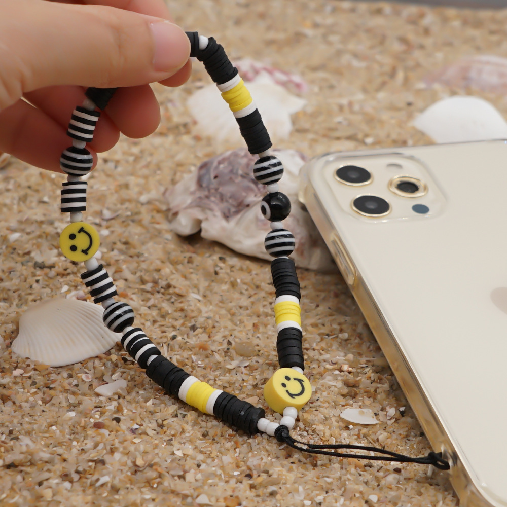 Ethnic Rainbow Striped Beads Smiley Face Soft Ceramic Eyes Beaded Mobile Phone Chain display picture 2