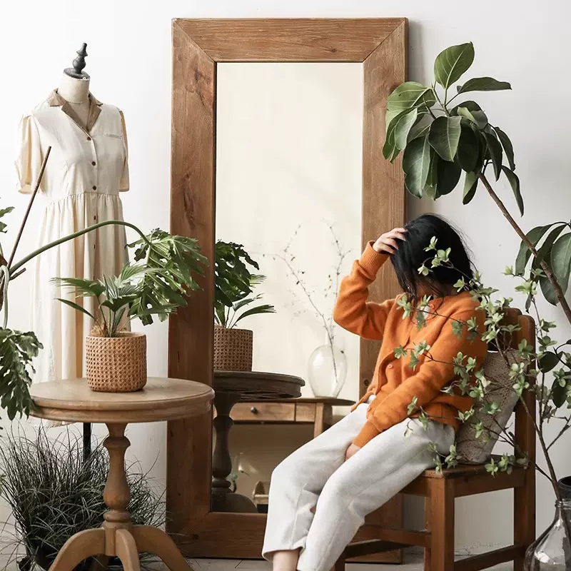 复古风实木落地镜浴室镜化妆镜落地镜老榆木民宿服装店全身穿衣镜