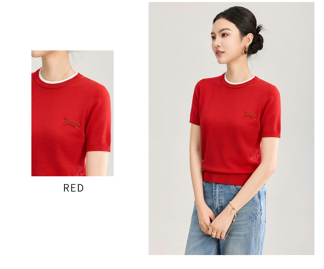 Áo thun dệt kim len merino giả hai lớp cổ tròn — màu xanh navy chi tiết 14