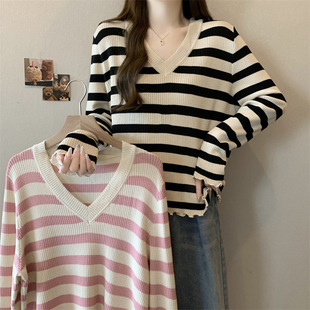 Autumn New plus size Chubby MMV Collar Contrast Color Stripe Stitching Loose Long Sleeve Sweater