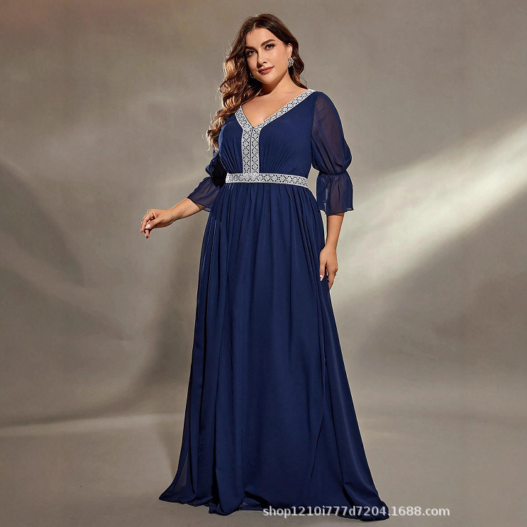 Foreign Trade Cross-Border European and American Evening Dress 2026 Elegant Plus Size Plus Fat Chiffon Long-Sleeved Square Neck Prom Dress