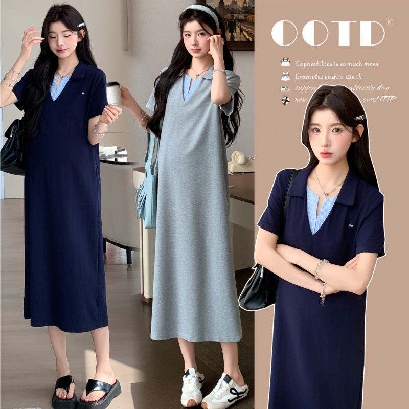 Simple and Stylish 2026 Summer Maternity Dress with a Faux Two-Piece Design, Turn-Down Collar, and Casual Everyday Lazy Maternity Dress Simple and Stylish 2026 Summer Maternity Dress with a Faux Two-Piece Design, Turn-Down Collar, and Casual Everyday Lazy Maternity Dress