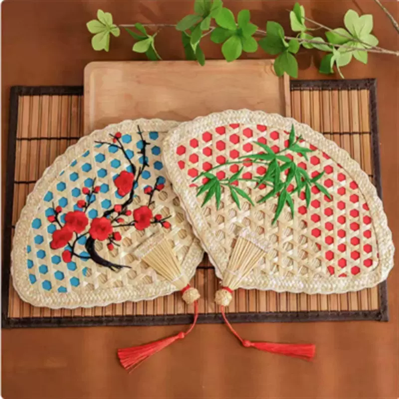 刺绣中国风麦秆扇批发手摇蒲扇 非遗编织手工制作宝宝扇多彩激光