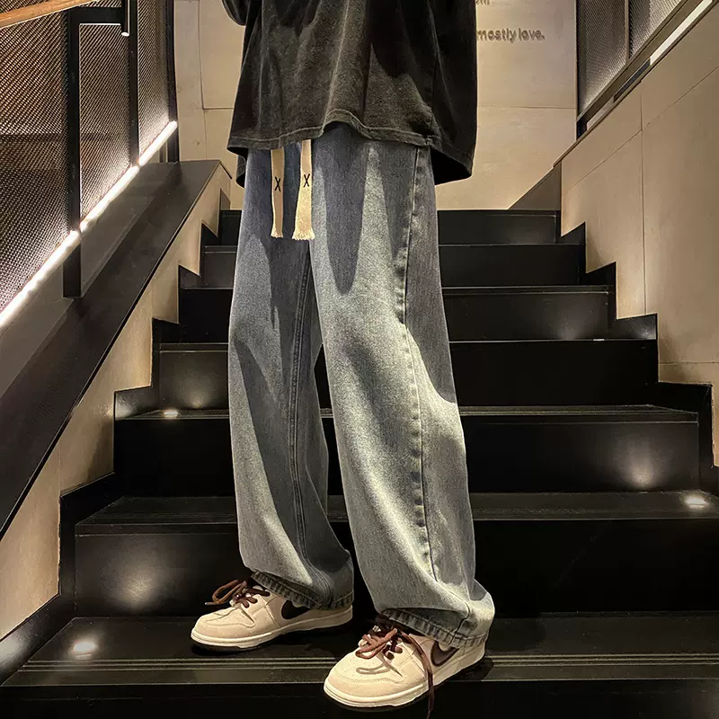 青年复古纯色牛仔裤男春秋季直筒宽松阔腿美式高街百搭休闲长裤子