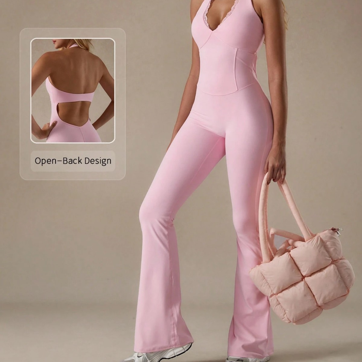 Deep V-Neck Tummy Control Cross-Border Halterneck Jumpsuit Lace Bell-Bottom Pants Hip Lift Beautiful Back Outdoor Sports Yoga Wear for Women