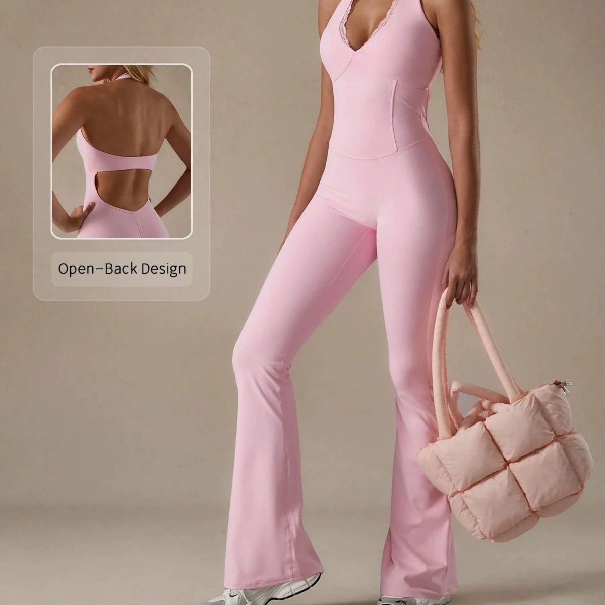 Комбинезон с глубоким V-образным вырезом и контролем живота, трансграничный комбинезон с воротником-халтер, кружевные брюки-клеш, подтяжка бедер, красивая спина, спортивная одежда для занятий йогой на открытом воздухе для женщин
