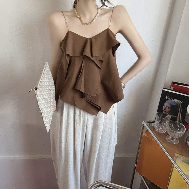 Size Has Been Updated. Summer Sexy Pure Desire Asymmetrical Design Ruffled V Neck Versatile Camisole Top