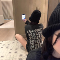 2025早秋新款炒色梵文烫钻长袖T恤女休闲宽松慵懒风小众时尚上衣