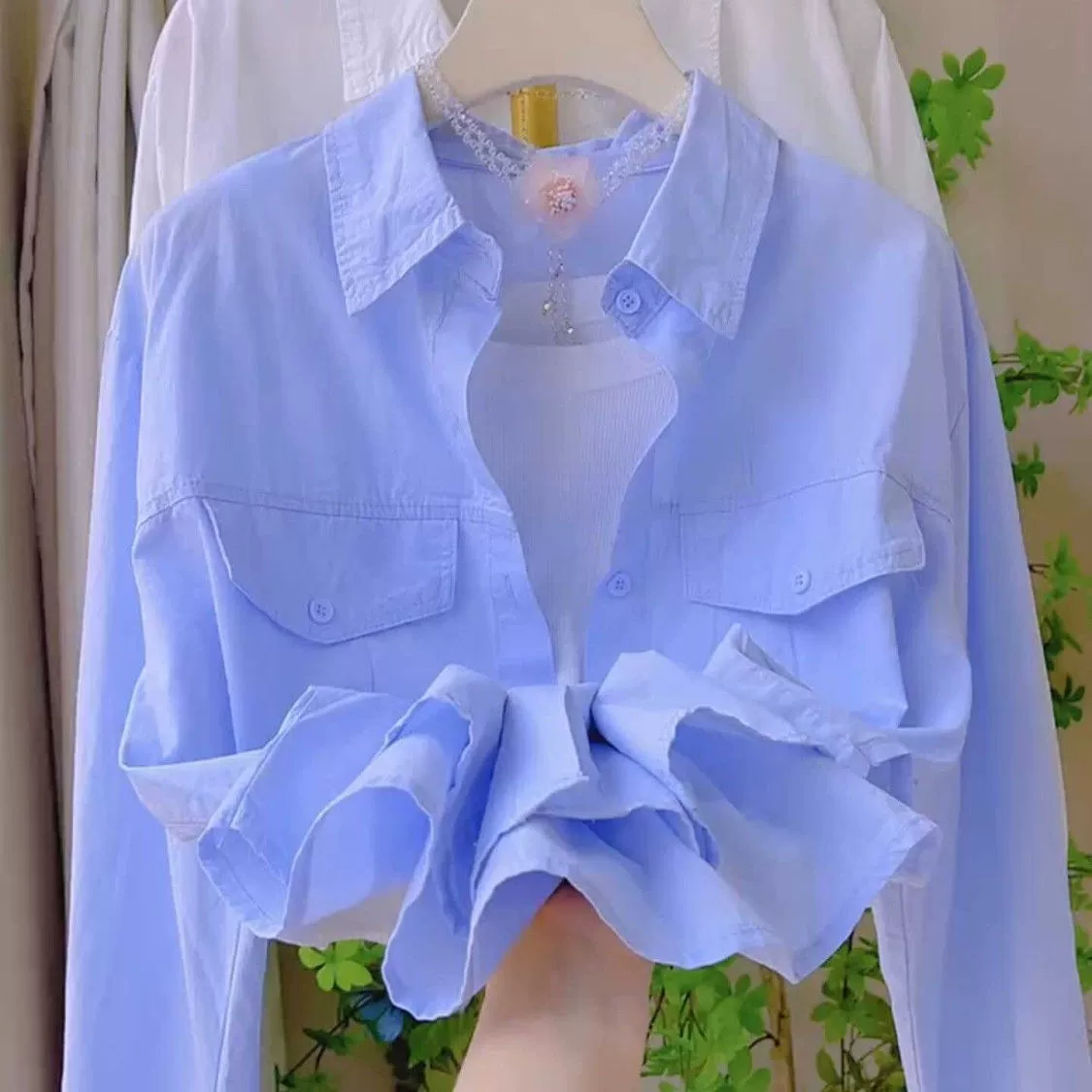 2025秋季新款POLO领长袖短款衬衫外套女休闲百搭韩系chic别致上衣