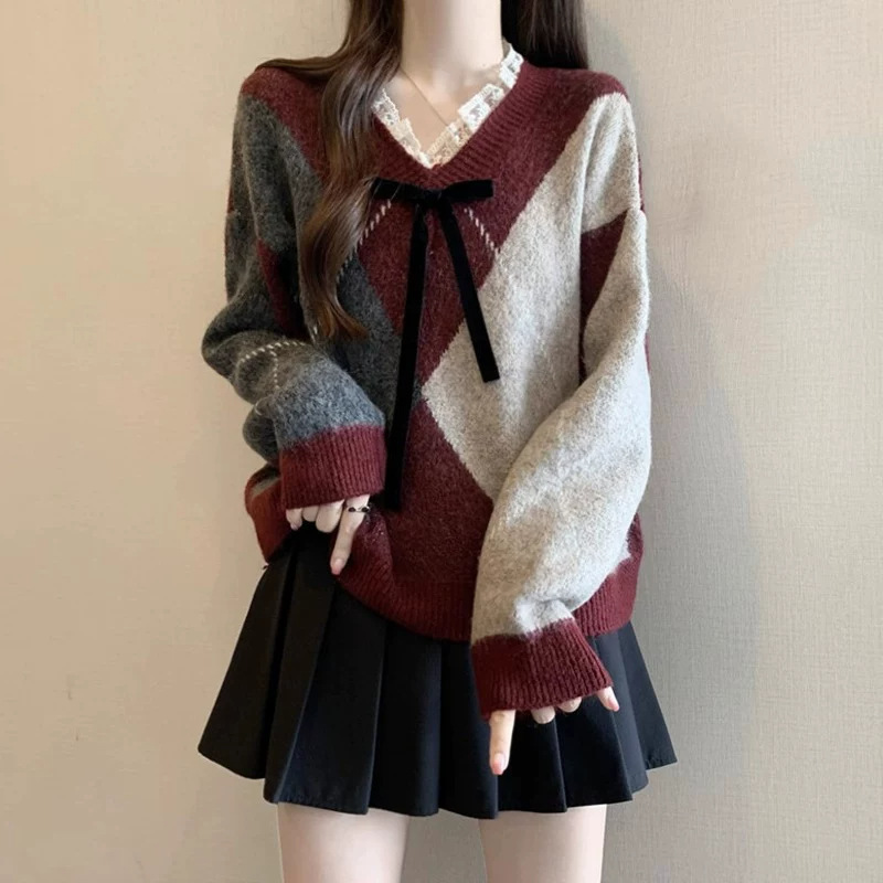 Burgundy diamond-patterned sweater for women, 2026 early autumn new collection, plus-size, lace V-neck knit top, Christmas sweater Burgundy diamond-patterned sweater for women, 2026 early autumn new collection, plus-size, lace V-neck knit top, Christmas sweater
