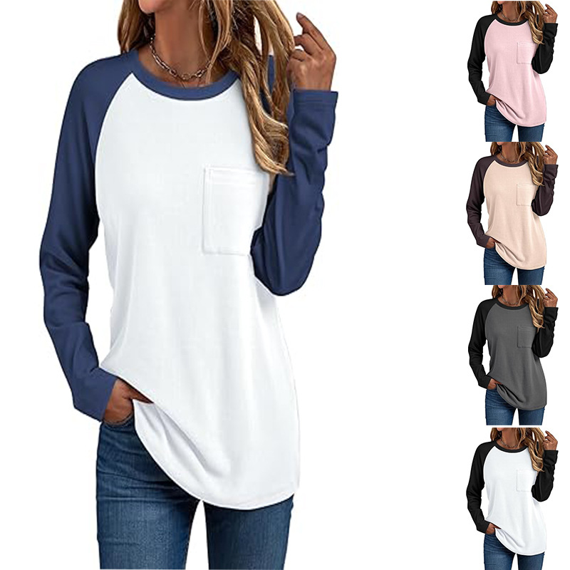 亚马逊2025欧美外贸跨境女装爆款圆领长袖拼接T时尚口袋百搭衬衫