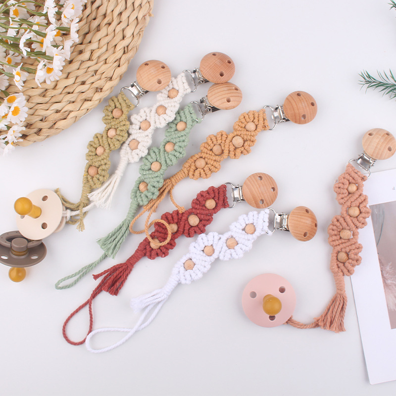 Cadena de pezón de cuentas de haya para bebés, bebé de bricolaje, forma de concha tejida a mano, chupete de cuerda de algodón, cadena anti-caída