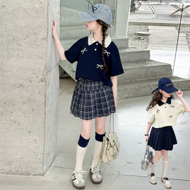 夏季女童polo衫短袖t恤套装童装儿童新品女孩短裙两件套洋气代发