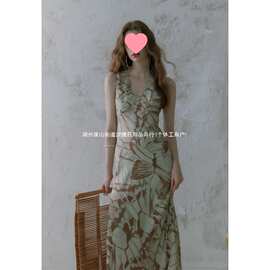 感法式复古蝴蝶印花领收腰显瘦连衣裙女优雅好版型长裙图片色