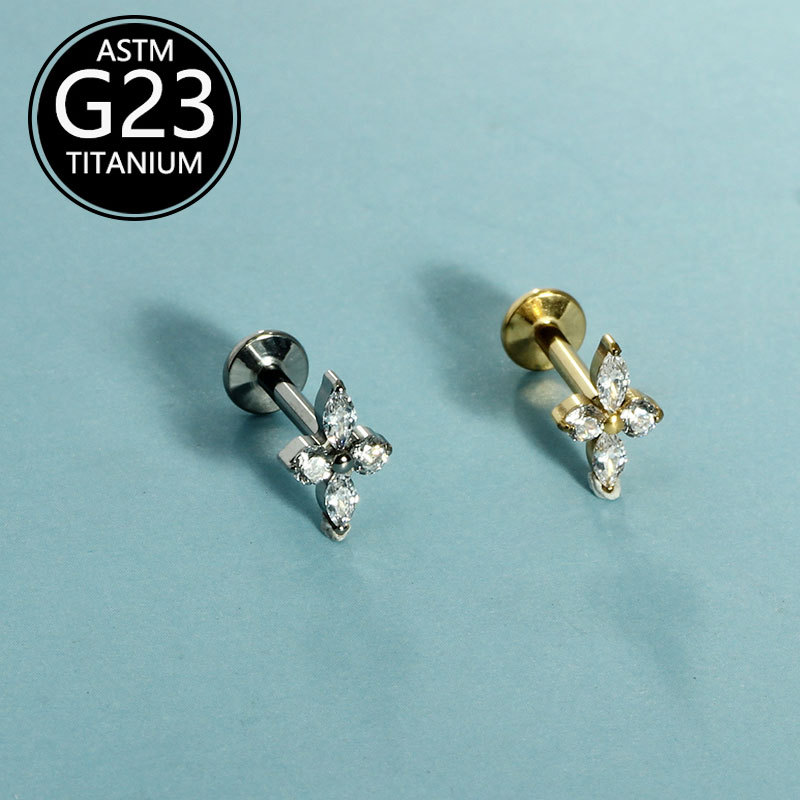 Silver pointed spike labret stud material detail
