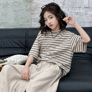 New Style Children's Striped Short-Sleeve Summer Boys' Trendy T-Shirt for Older Children, Girls' Korean Version