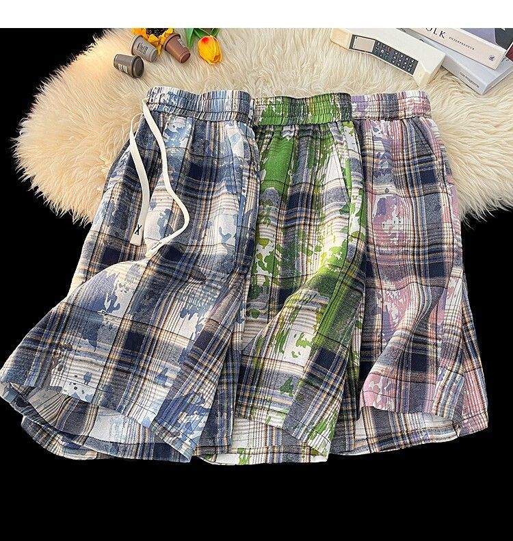 Men's And Women's Tie Dye Plaid High Waist Street Style Shorts Casual Retro Straight Five Point Beach Outerwear_viptrois.com