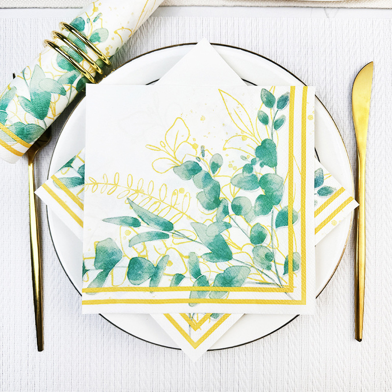 Spring New Eucalyptus Leaf Border Printed Napkin Kitchen Table Decorative Square Tissue Double Layer Square Tissue