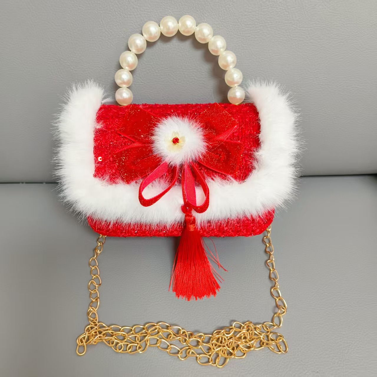 Gran bolso portátil de perla roja, cadena de arco, bolso cuadrado, bolso de Año Nuevo para chicas, bolso de Año Nuevo, viento fragante
